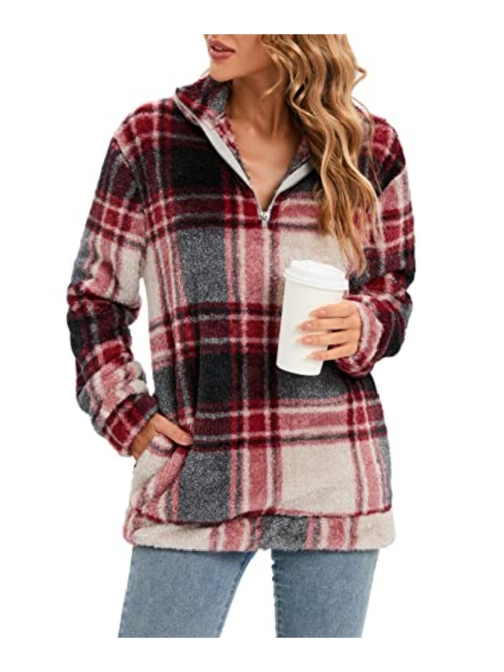 Plaid Sherpa Fleece Zip Sweatshirt Long Sleeve Pockets Pullover Jacket
